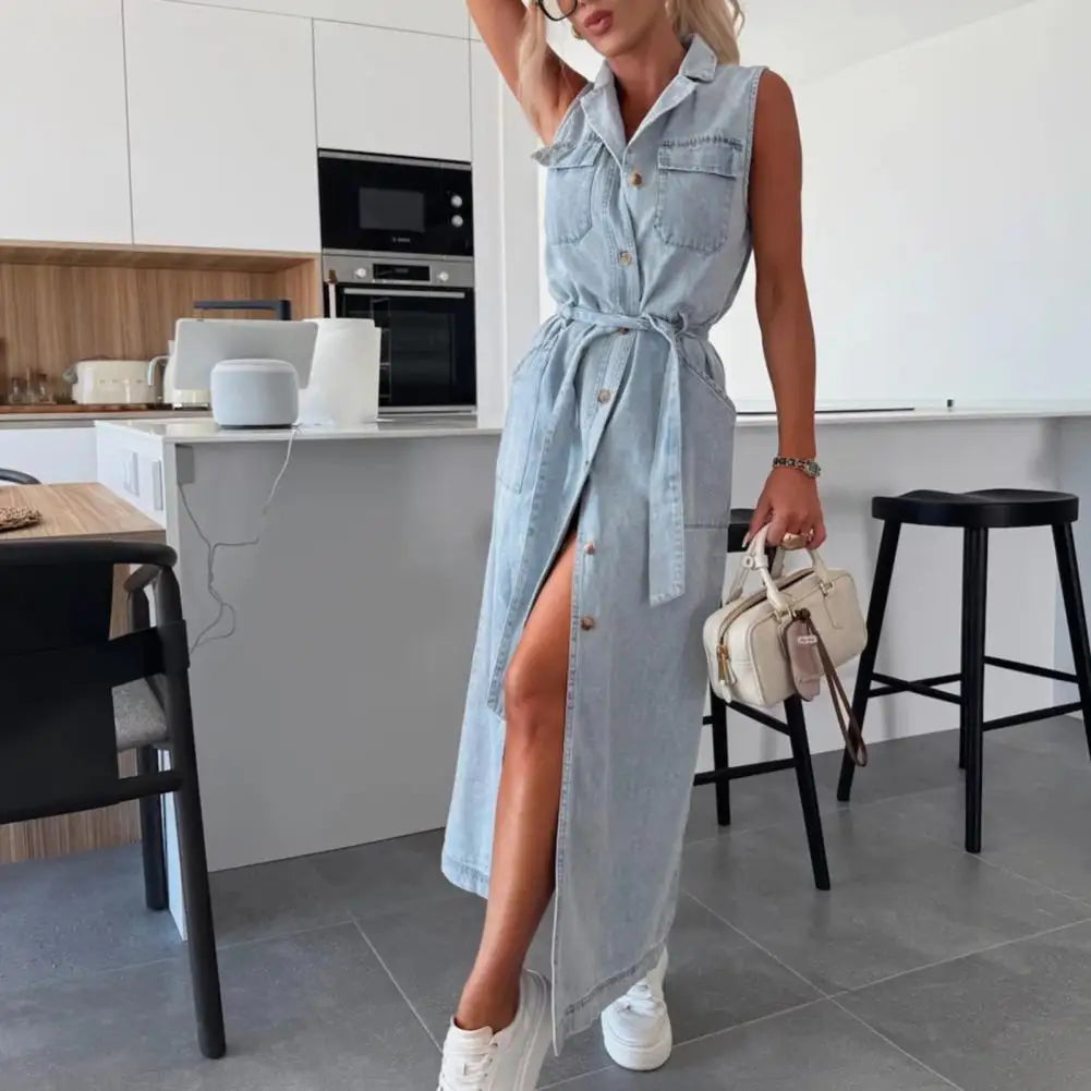 Women Sleeveless Long Belted Waist Cinching Single Button Denim Dress