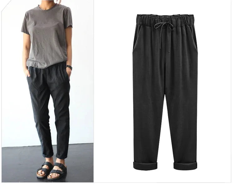 Cotton Linen Pants, Elastic Mid Waist Ankle, Female Slacks Size M-5XL 6XL 7XL 8XL