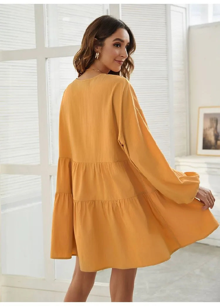 Women's Loose V-Neck Casual Long Sleeve Dress