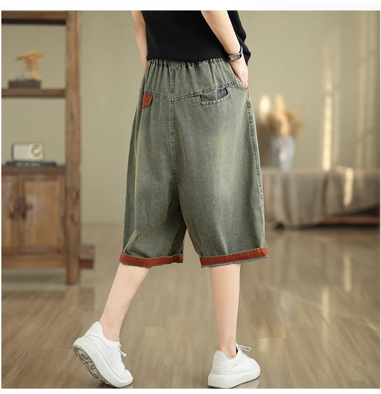 Retro Distressed Denim Belted Slimming Casual Wide Leg Pant