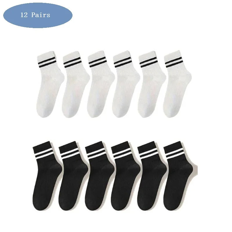1/6/12 Pairs Mens women Socks High-quality Simple Casual Black White Striped Socks Breathable Mid Tube Sock Basketball Race Sock