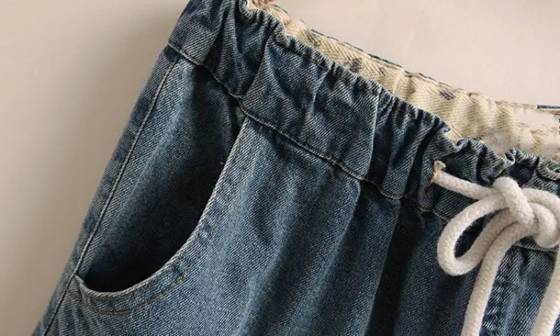 Indie Folk Embroidery Denim Vintage Elastic High Waist