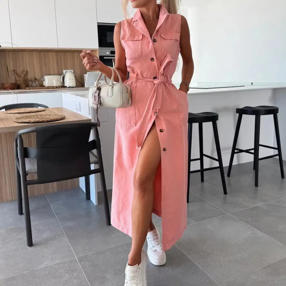 Women Sleeveless Long Belted Waist Cinching Single Button Denim Dress