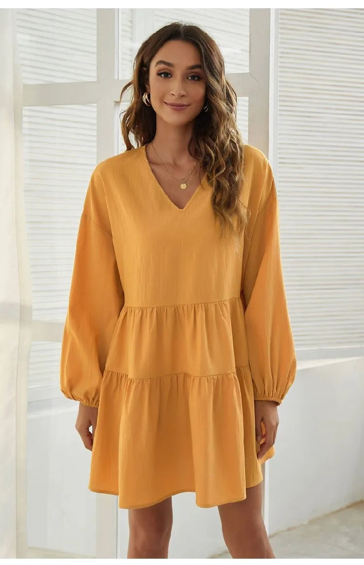 Women's Loose V-Neck Casual Long Sleeve Dress