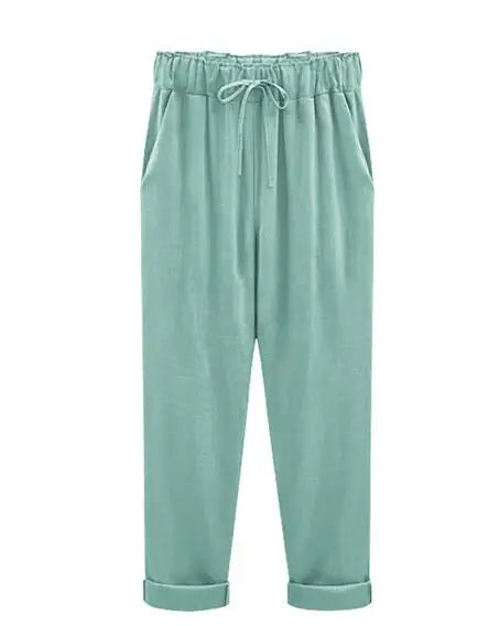 Cotton Linen Pants, Elastic Mid Waist Ankle, Female Slacks Size M-5XL 6XL 7XL 8XL