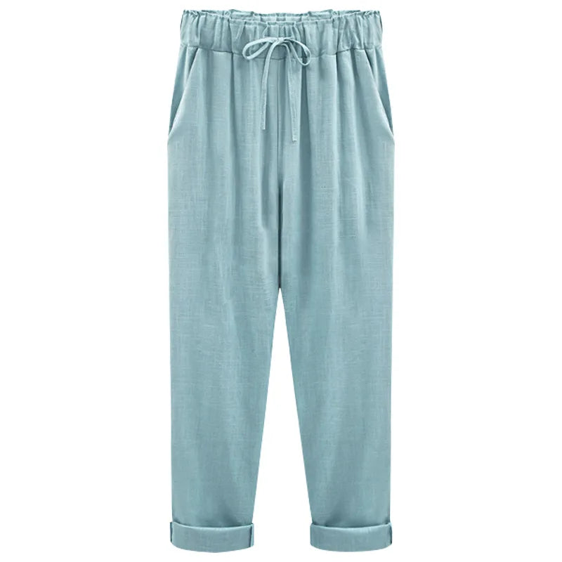 Cotton Linen Pants, Elastic Mid Waist Ankle, Female Slacks Size M-5XL 6XL 7XL 8XL