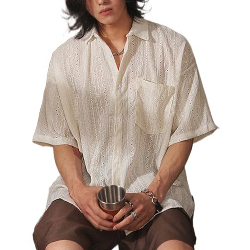 Men Casual Loose Hollow Out Short Sleeve Shirt