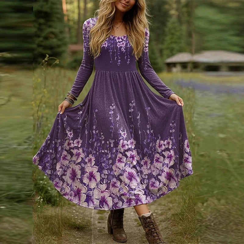 Plus Size Women Dress Boho O Neck Long Sleeve A-line Party Dresses