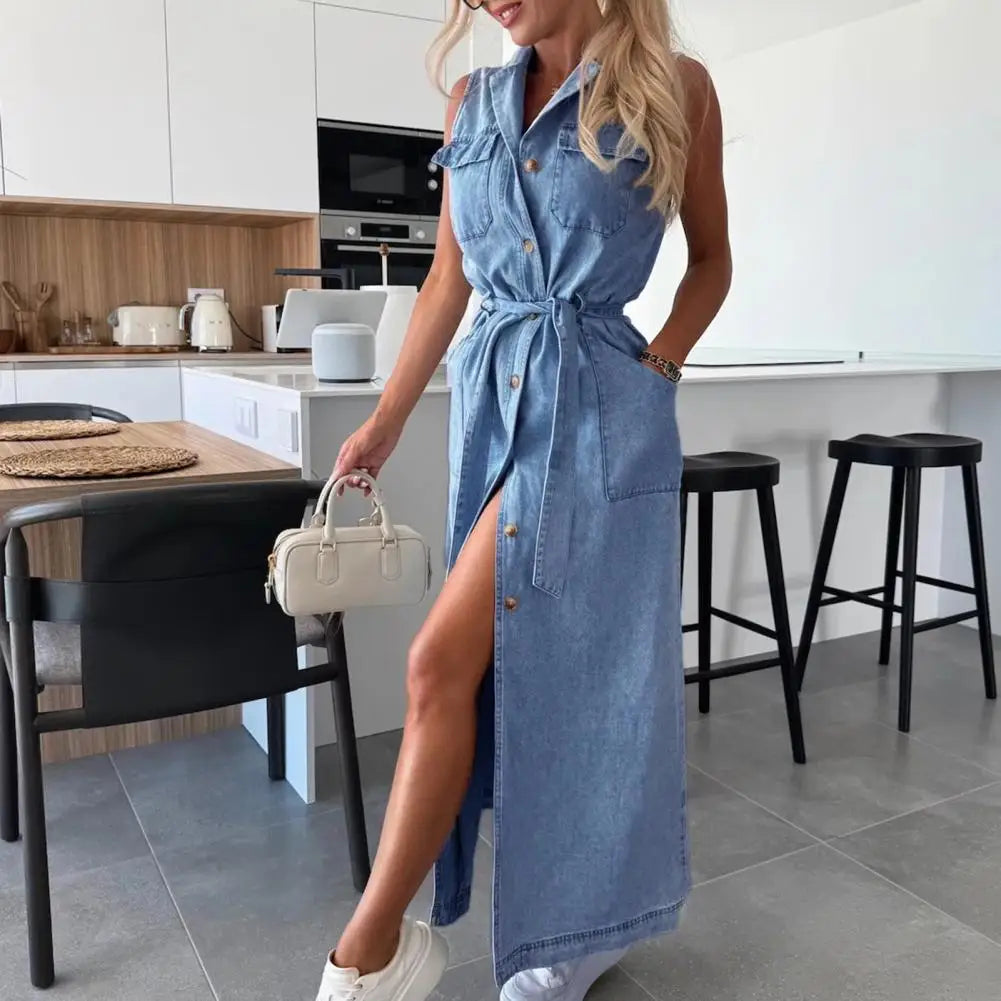 Women Sleeveless Long Belted Waist Cinching Single Button Denim Dress