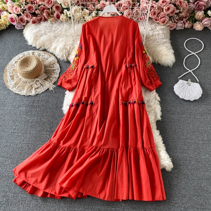 Vintage Women Floral Embroidery Beach Dress