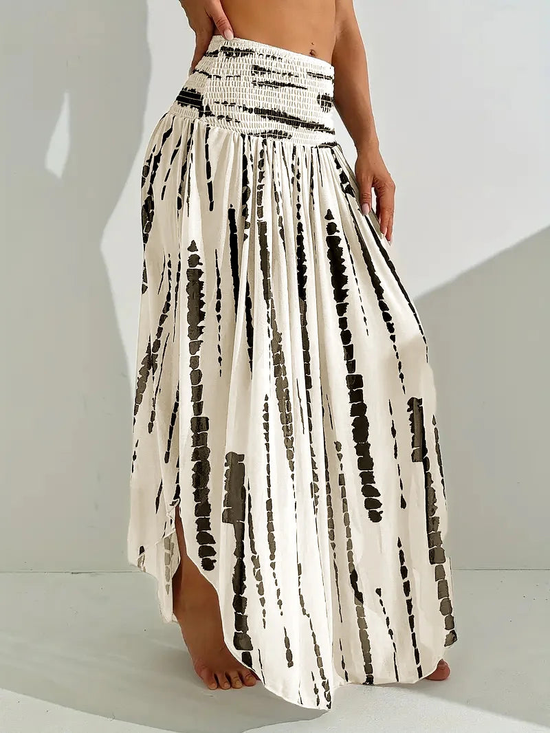 Women's Boho Print Knit Belted Long High-Waisted Flared Skirt