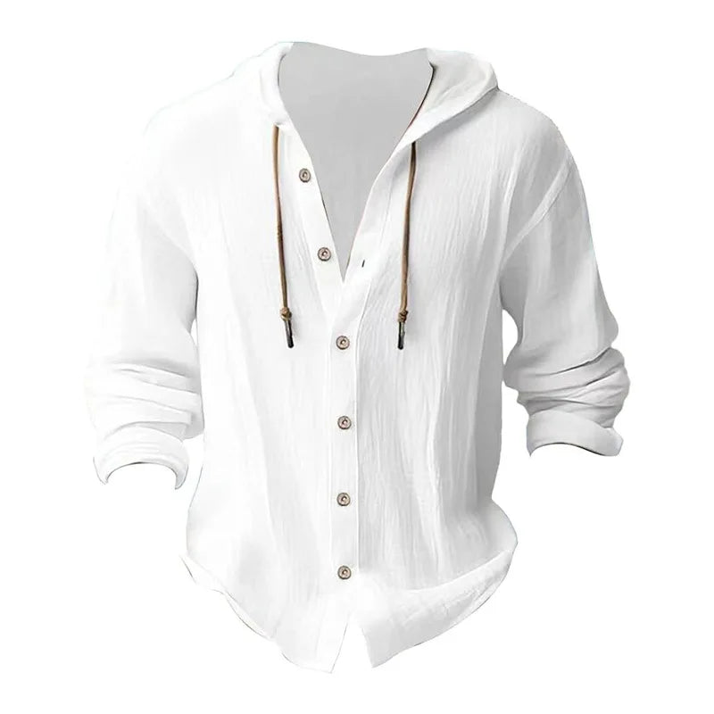 Men's solid color casual shirt, hooded drawstring