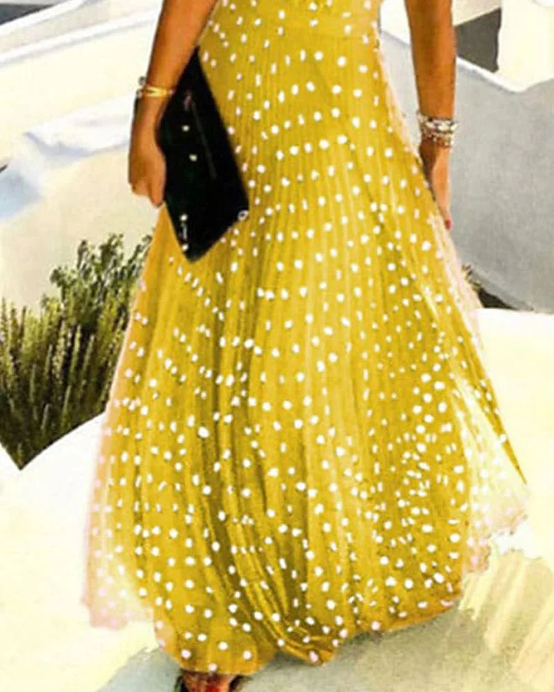 Women Boho Polka Dot Print Chiffon Pleated Maxi Dress