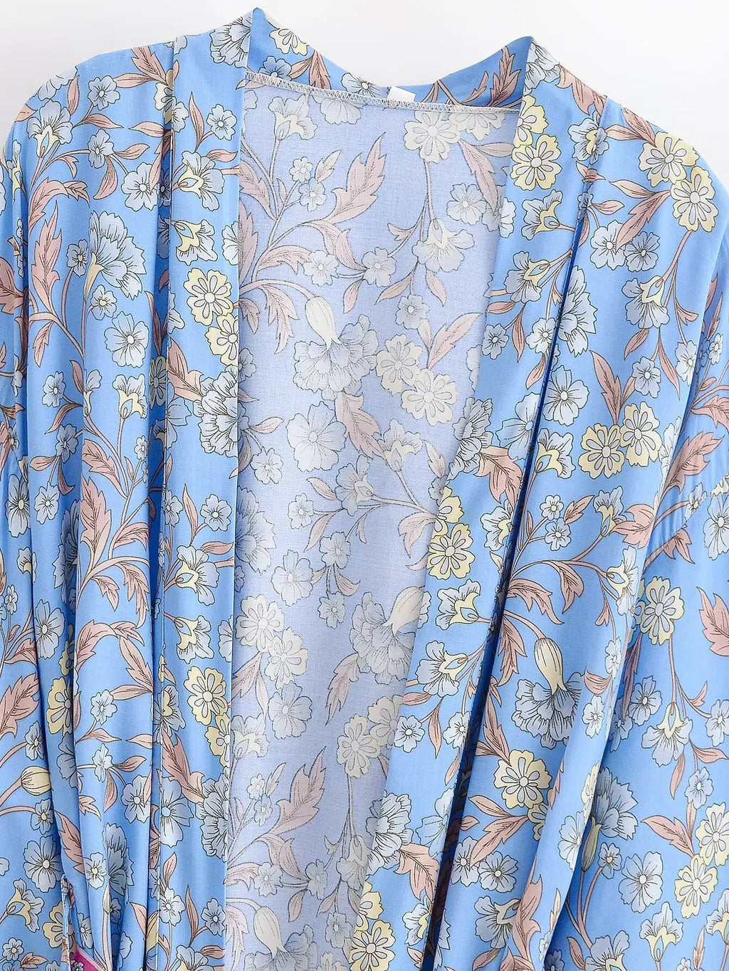 BOHO Women Light Blue Contrast Floral Print Kimono Shirt