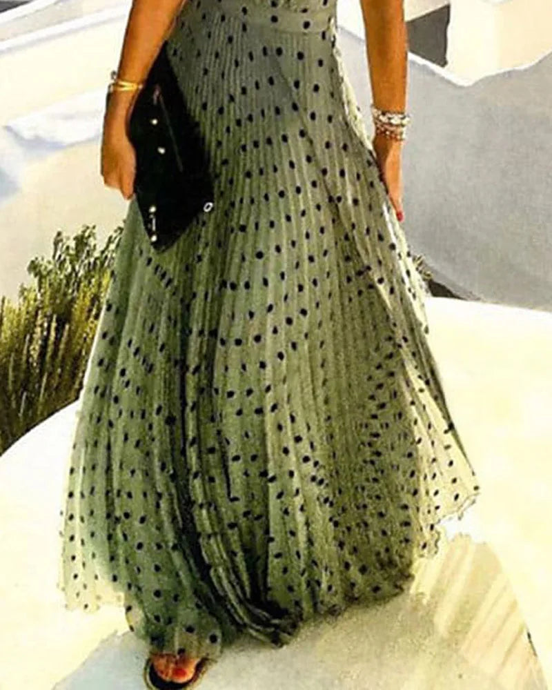 Women Boho Polka Dot Print Chiffon Pleated Maxi Dress