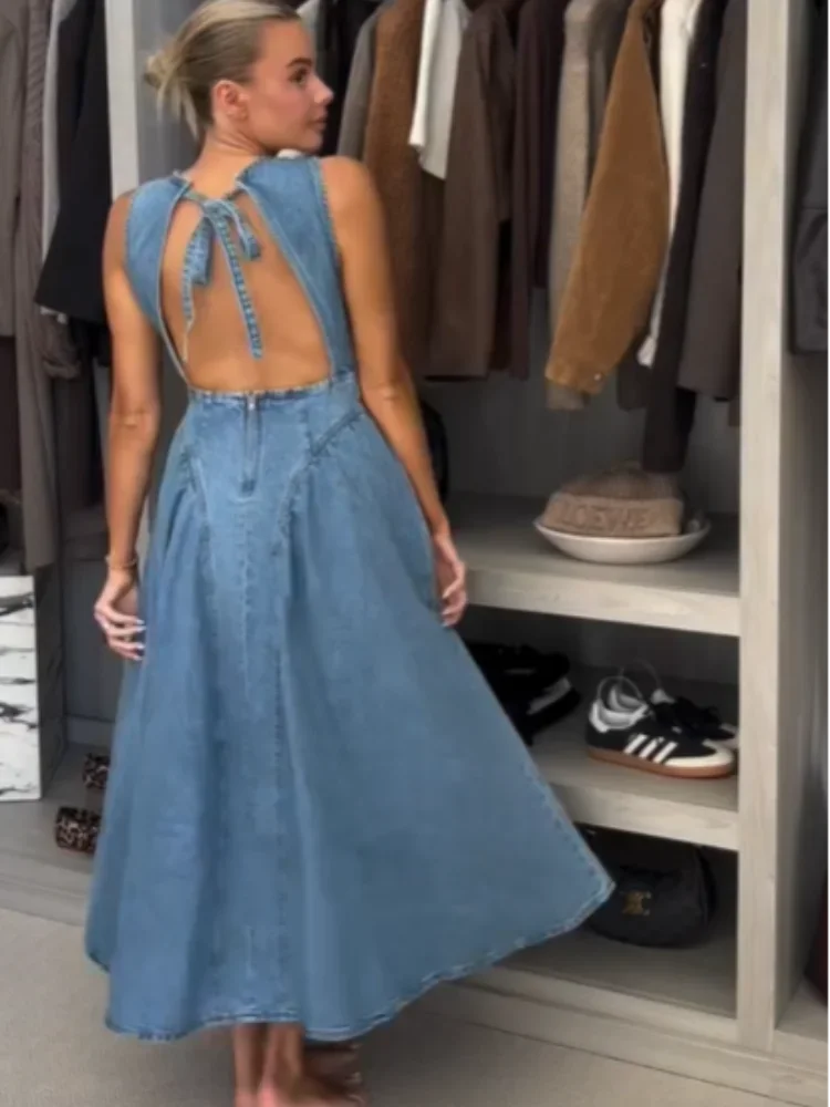 Chic Backless Lace Up Denim Dress