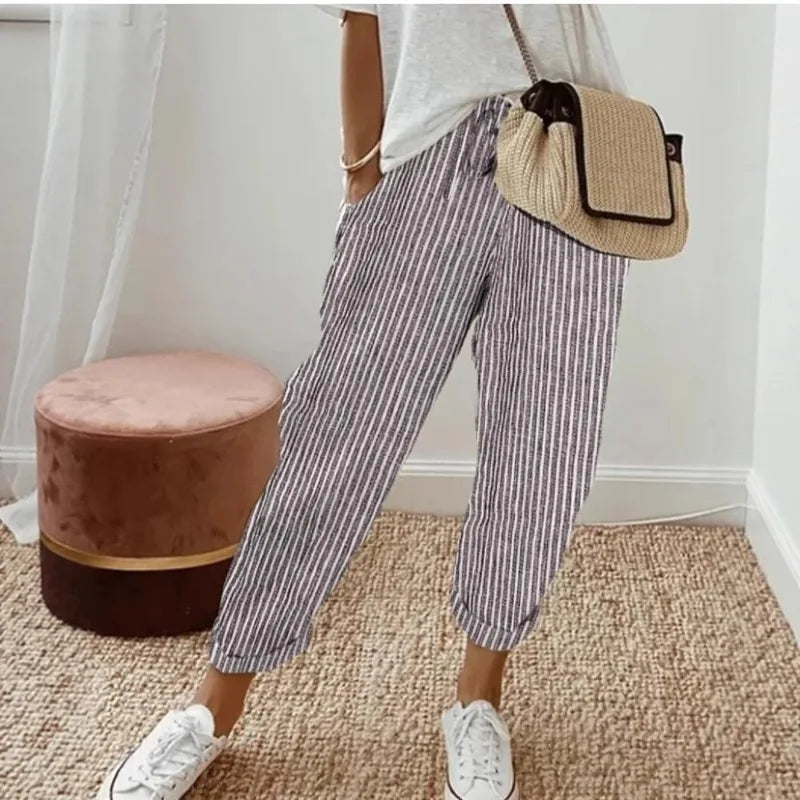 Women's Casual Striped Cotton Linen Pants Elastic Waist