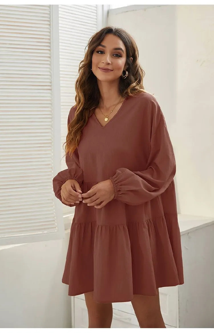 Women's Loose V-Neck Casual Long Sleeve Dress