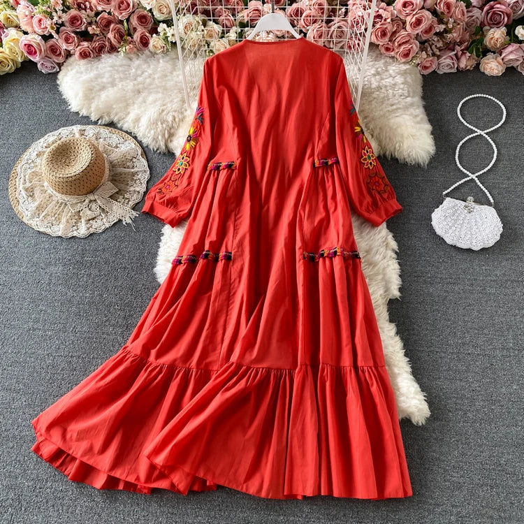 Vintage Women Floral Embroidery Beach Dress