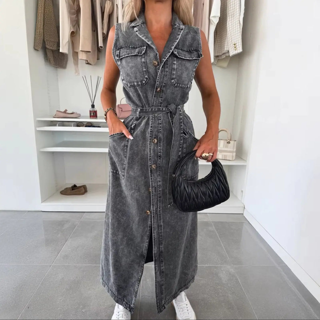 Women Sleeveless Long Belted Waist Cinching Single Button Denim Dress