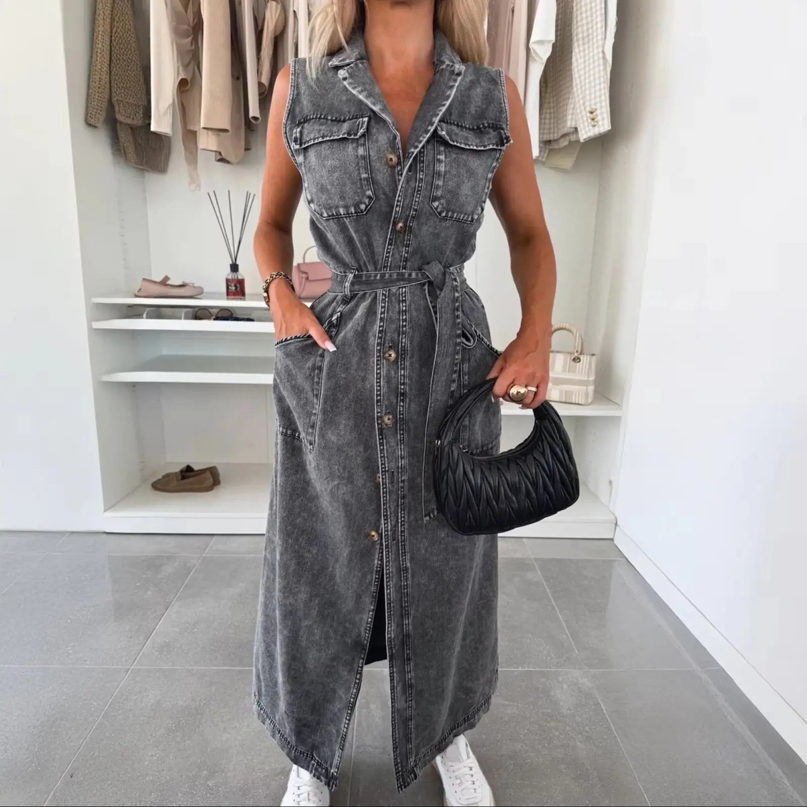 Women Sleeveless Long Belted Waist Cinching Single Button Denim Dress