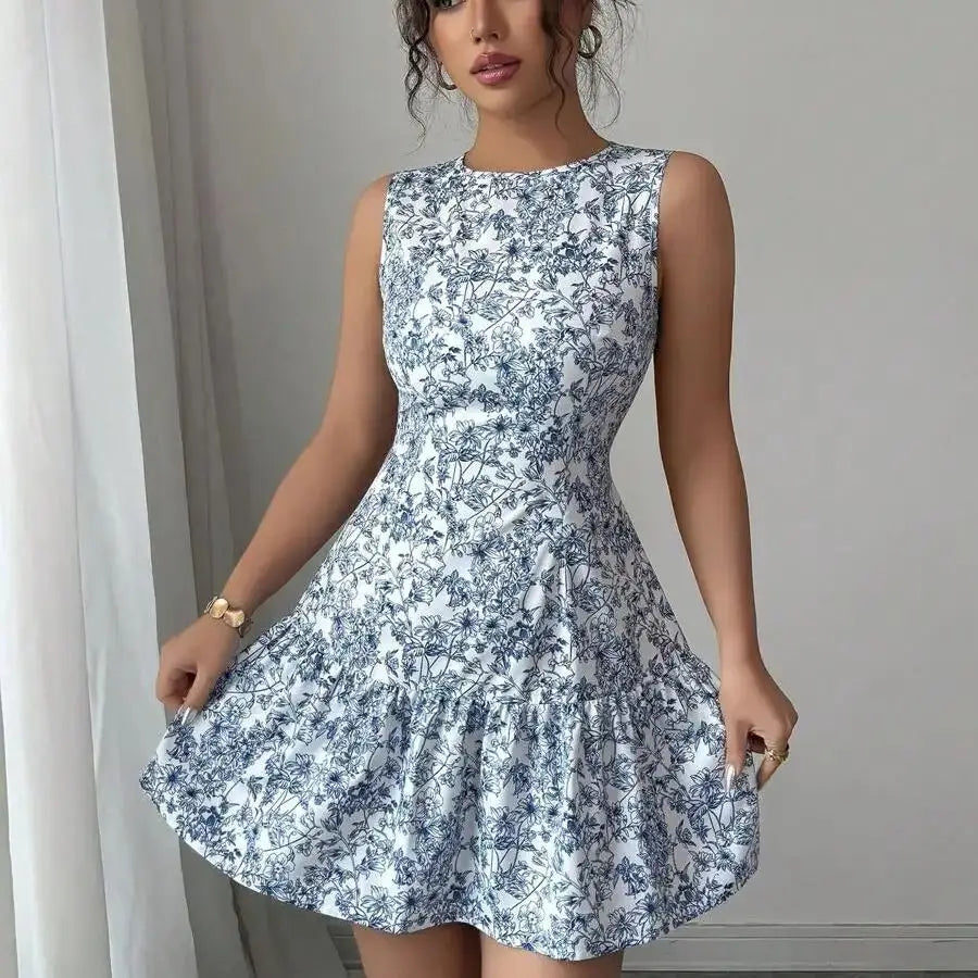 Spring/Summer Boho And French-Style Blue And White Floral Dress