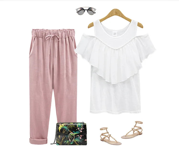 Cotton Linen Pants, Elastic Mid Waist Ankle, Female Slacks Size M-5XL 6XL 7XL 8XL