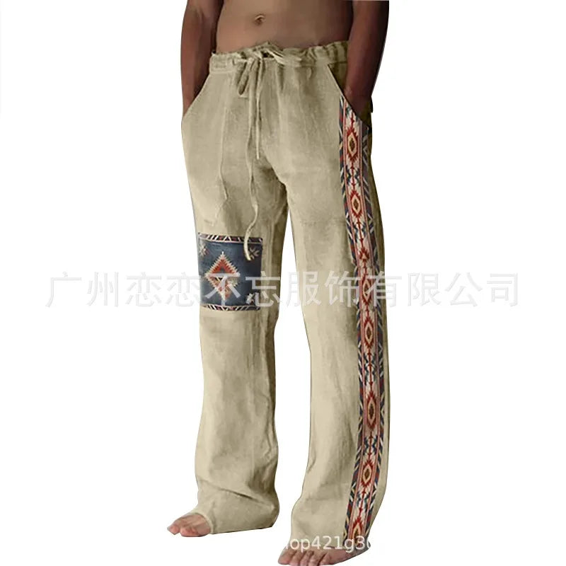 1 Mens Summer Beach Drawstring Ethnic Style Casual Straight Leg Trousers