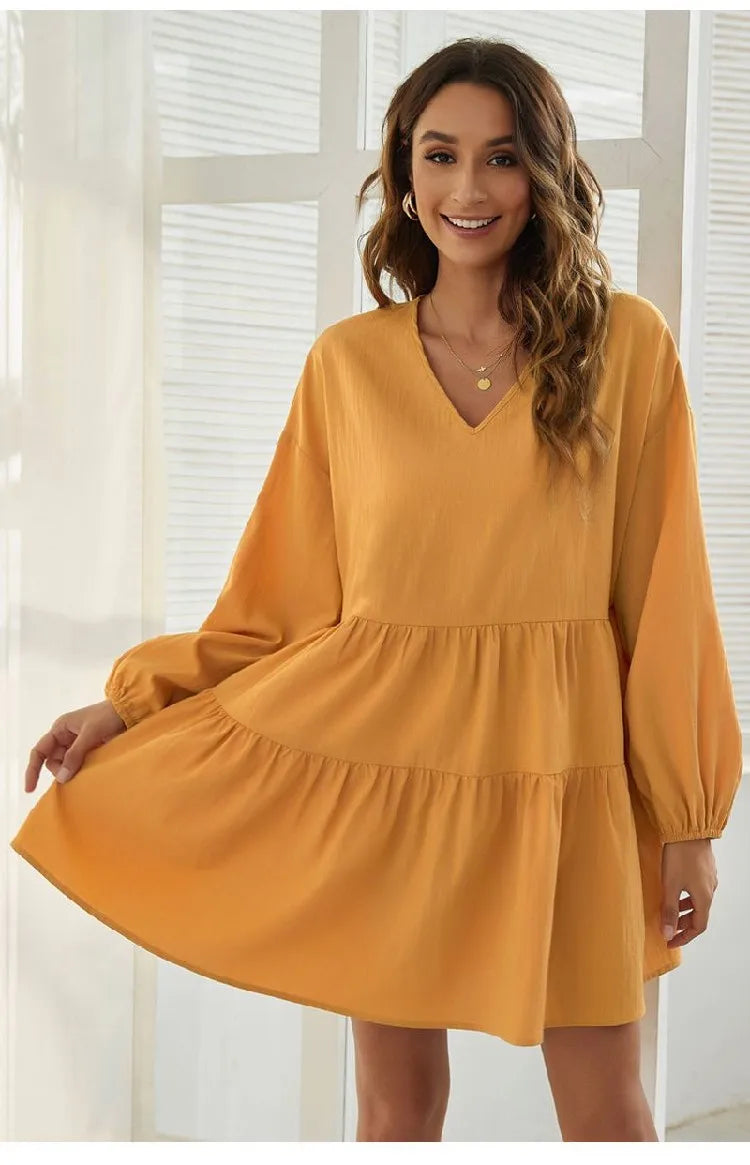 Women's Loose V-Neck Casual Long Sleeve Dress