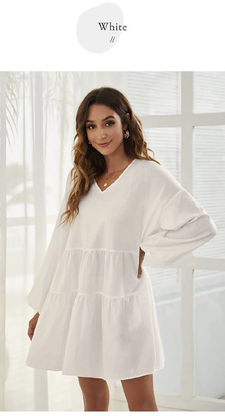 Women's Loose V-Neck Casual Long Sleeve Dress