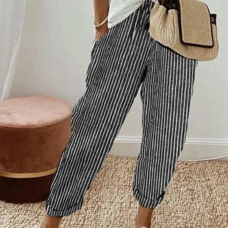Women's Casual Striped Cotton Linen Pants Elastic Waist