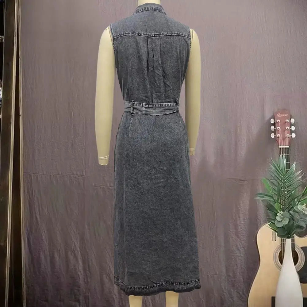 Women Sleeveless Long Belted Waist Cinching Single Button Denim Dress