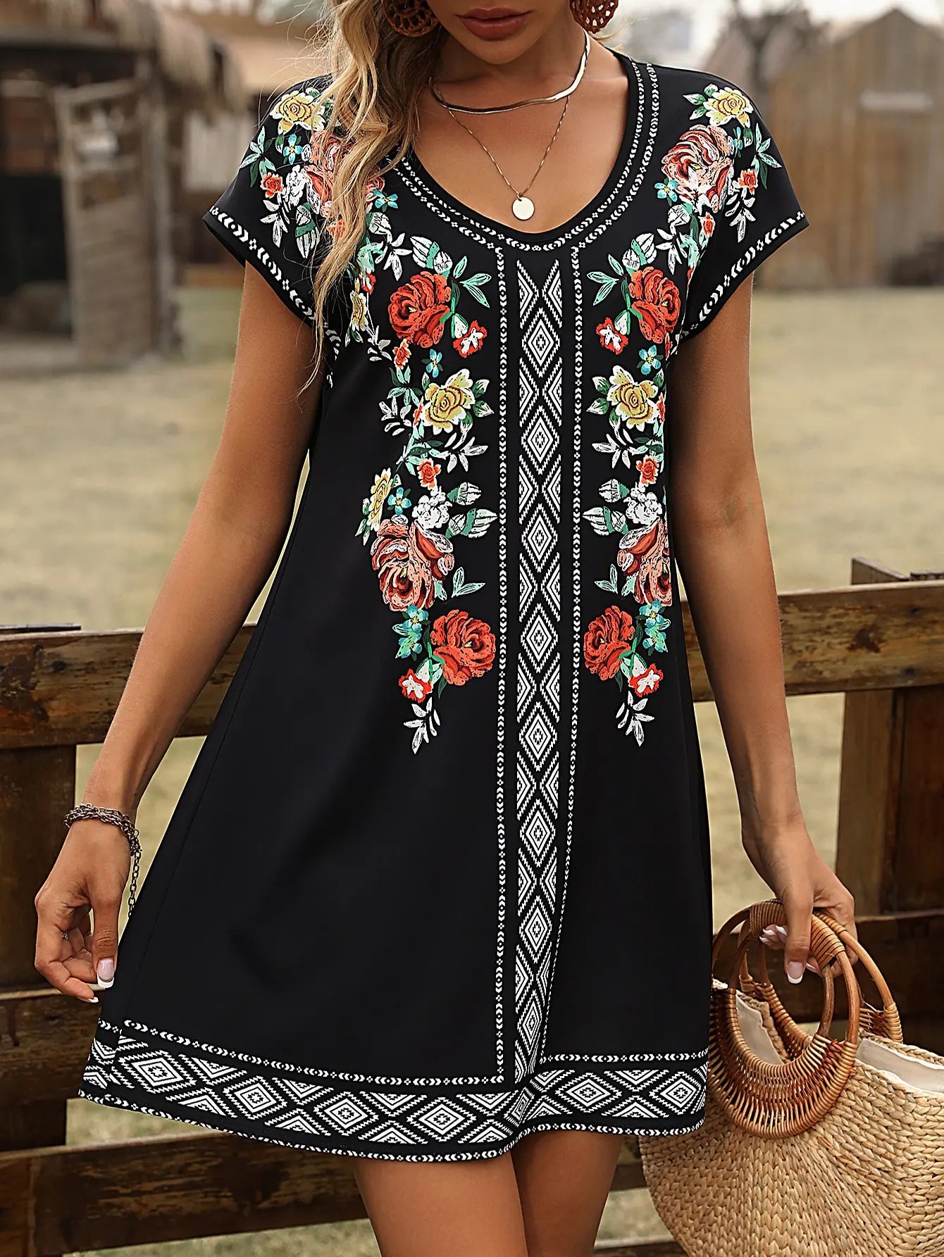 Black Boho Floral Print Dress