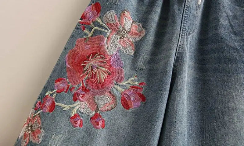 Indie Folk Embroidery Denim Vintage Elastic High Waist