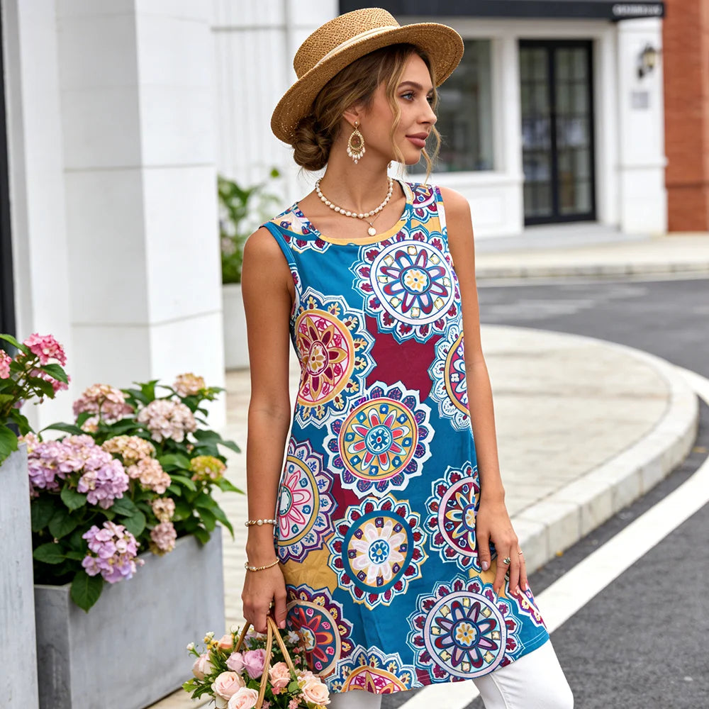 Women's Summer Boho Dress, Vintage Colorful Print