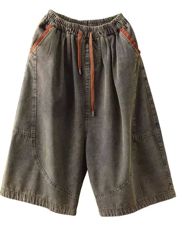 Retro Distressed Denim Belted Slimming Casual Wide Leg Pant