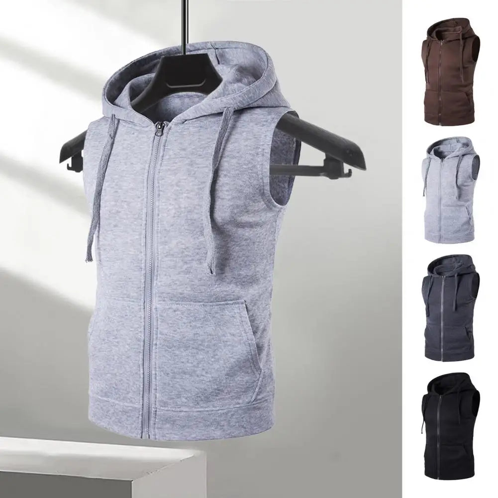 Men Hooded Vest Jacket Sleeveless Zipper