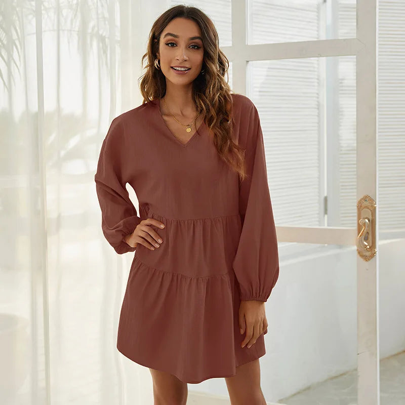 Women's Loose V-Neck Casual Long Sleeve Dress