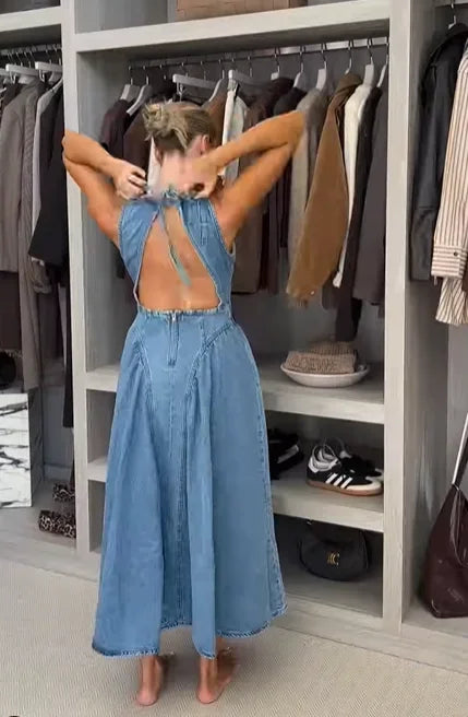Chic Backless Lace Up Denim Dress