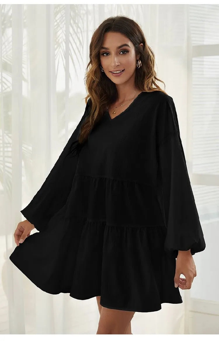 Women's Loose V-Neck Casual Long Sleeve Dress