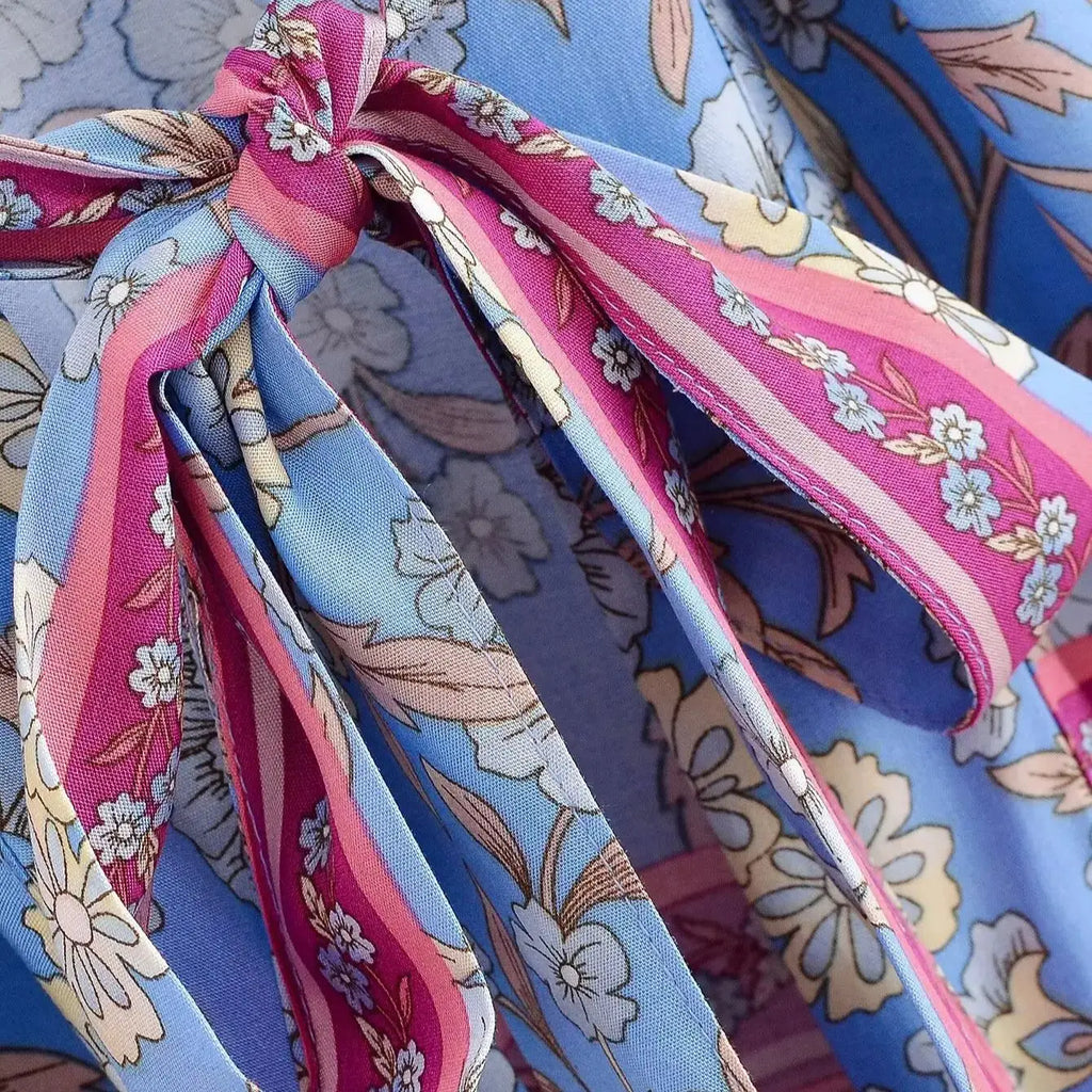 BOHO Women Light Blue Contrast Floral Print Kimono Shirt