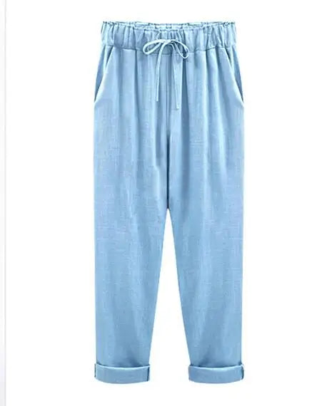 Cotton Linen Pants, Elastic Mid Waist Ankle, Female Slacks Size M-5XL 6XL 7XL 8XL