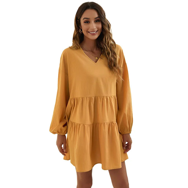 Women's Loose V-Neck Casual Long Sleeve Dress