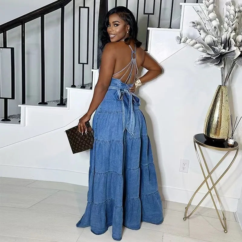Long Dress Women Denim Dress Sling