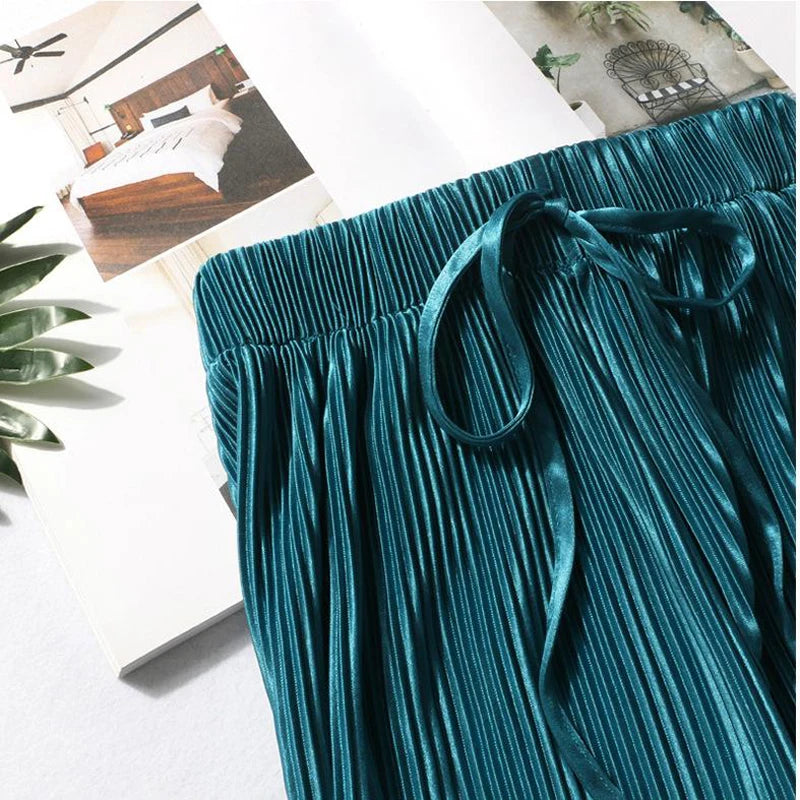Women Fashion Summer Wide Leg Pants Pleated Ice Silk
