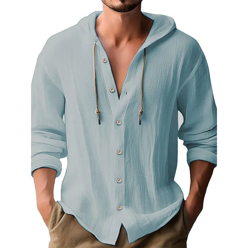 Men's solid color casual shirt, hooded drawstring