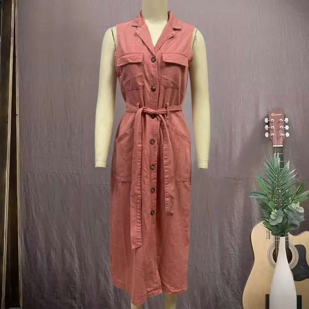 Women Sleeveless Long Belted Waist Cinching Single Button Denim Dress