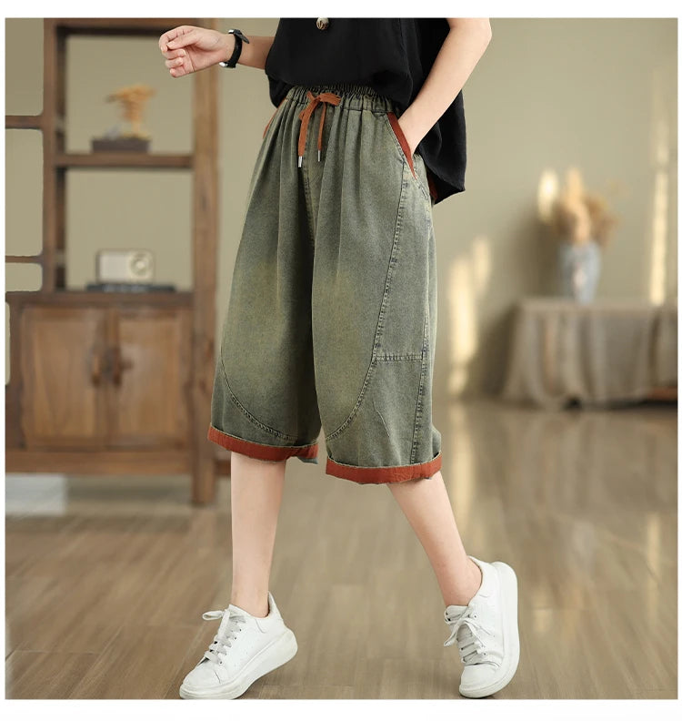 Retro Distressed Denim Belted Slimming Casual Wide Leg Pant
