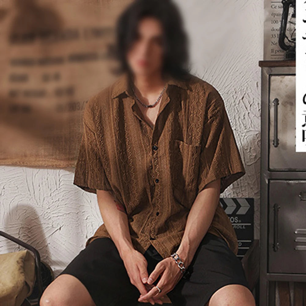 Men Casual Loose Hollow Out Short Sleeve Shirt