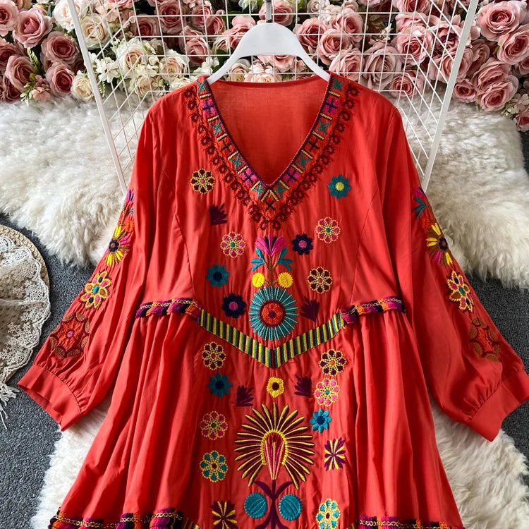 Vintage Women Floral Embroidery Beach Dress